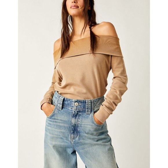 Free People Tan Off-Shoulder Long Sleeve Top - Picture 6 of 12